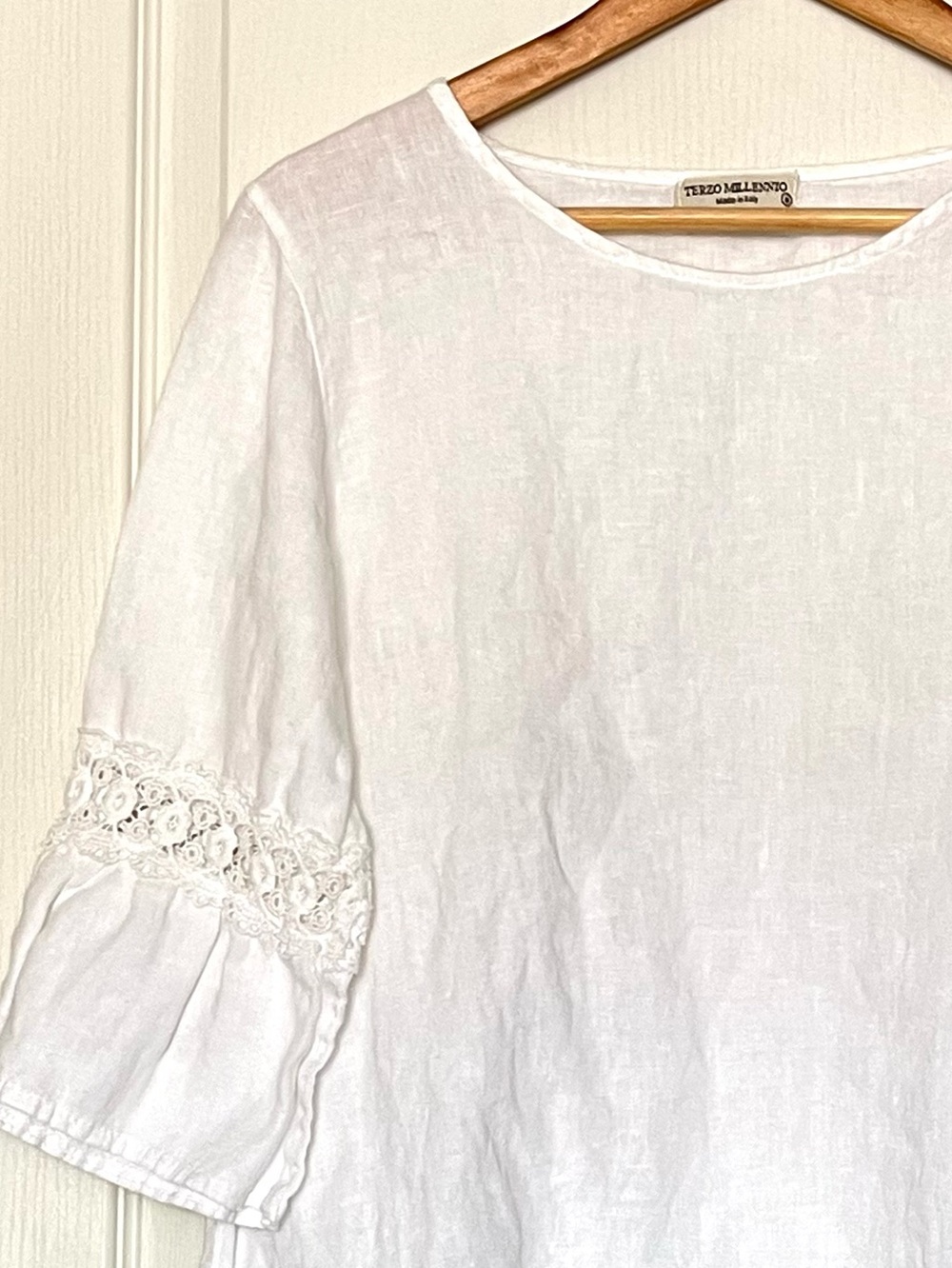 Terzo Millennio Italy White 100% Linen Lace Sleeve Boho Lagenlook Blouse Size M - Picture 11 of 14
